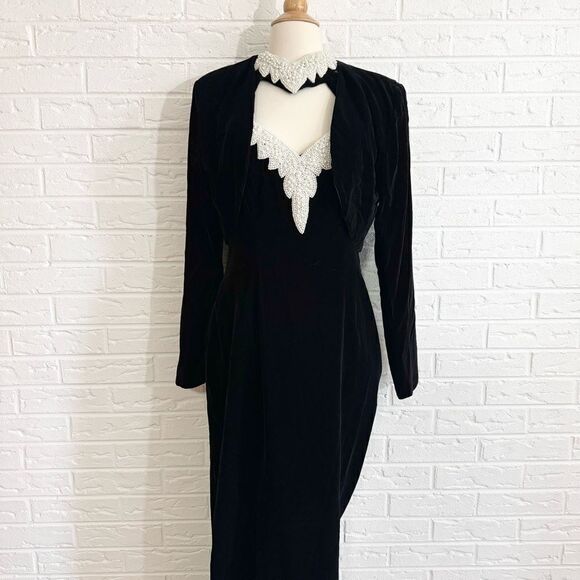 VINTAGE Dave & Johnny Black Velvet Beaded Collar Dress with Jacket Size 10 - Picture 11 of 15